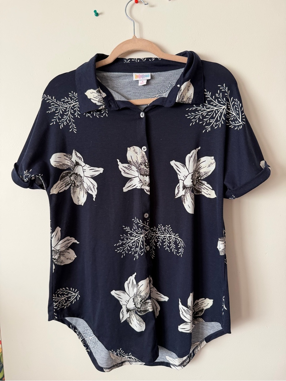 LuLaRoe Navy Button-Front Floral Shirt